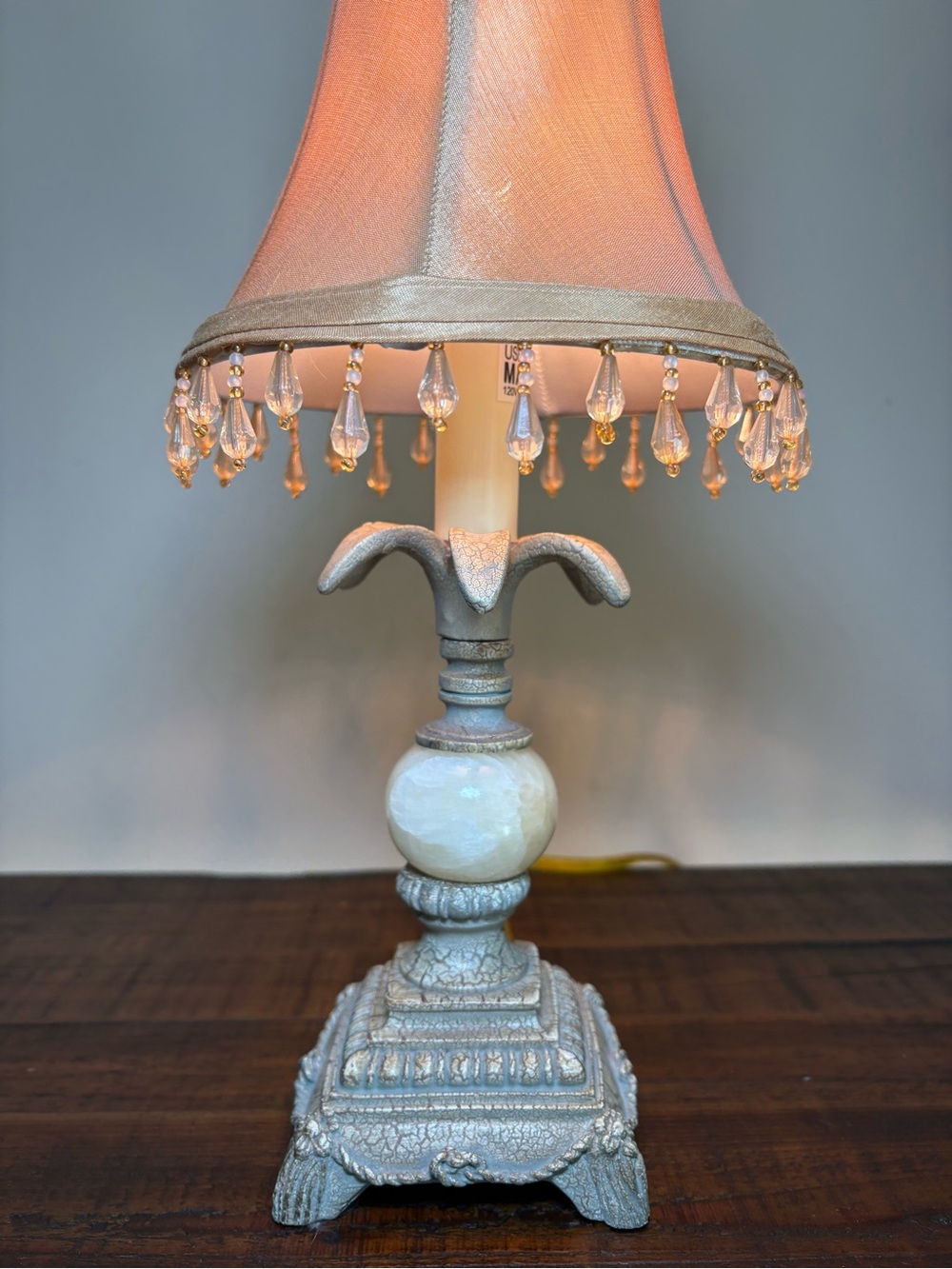 Vintage Style Accent Table Lamp / Gold Fabric Shade With Crystal Bead Drops - Picture 3 of 10